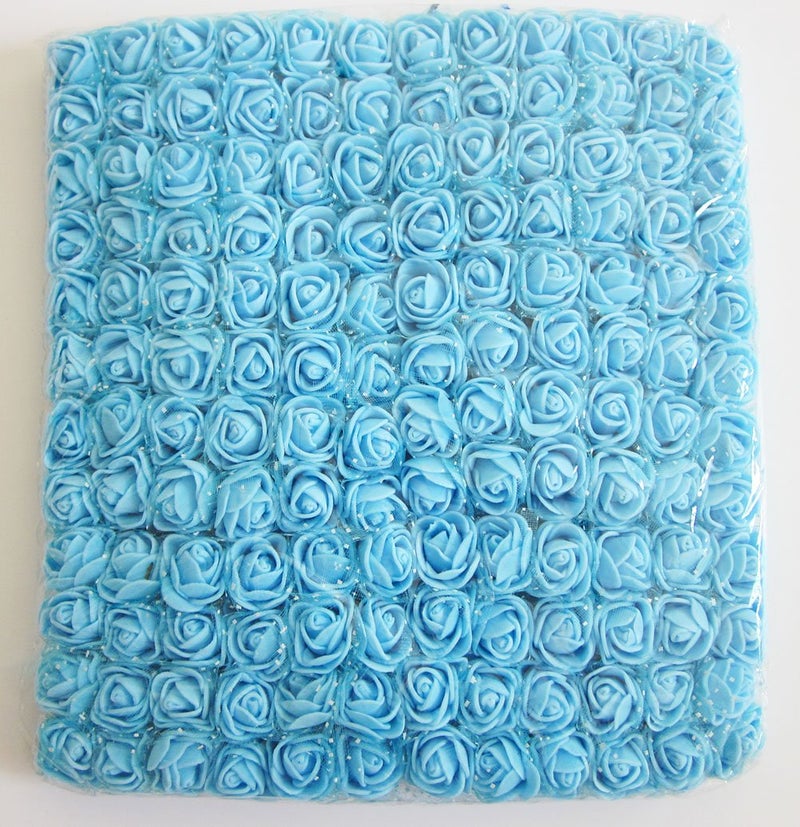 Artfen Mini Fake Rose Flower Heads 144pcs Mini Artificial Roses DIY Wedding Flowers Accessories Make Bridal Hair Clips Headbands Dress (Bottom add Gauze) Blue - Image 1